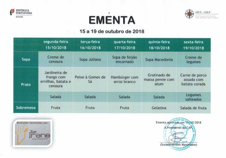 EMENTA DE 15 DE OUTUBRO A 19 DE OUTUBRO